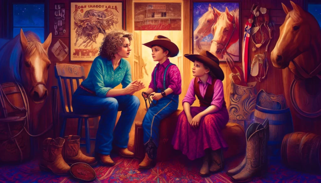 Here are the images depicting a mother conversing with her son and daughter who are enthusiastic about joining the rodeo. The scene captures the family dynamic of support and concern 2 (2)